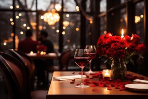 two glasses of one on a table with roses